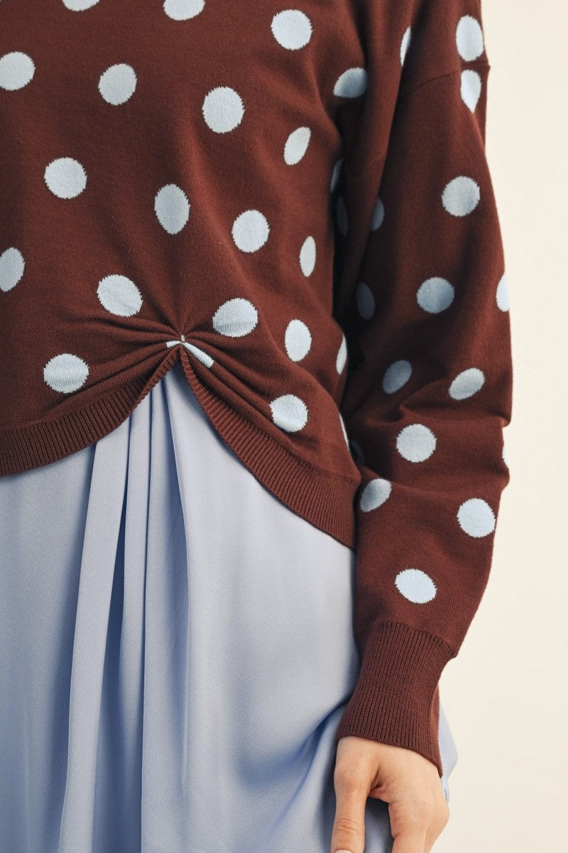 JODIFL Women's Sweaters Drop Shoulder Knot Detail Polka Dot Sweater Top