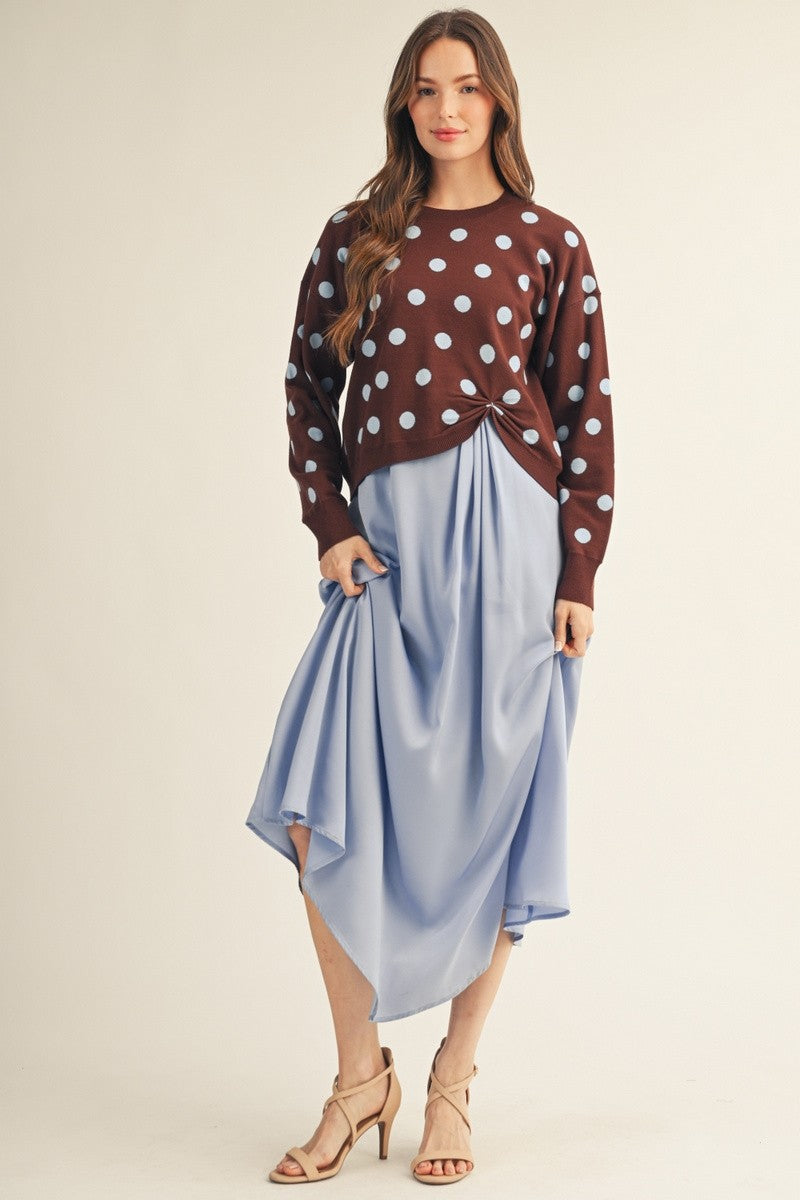 JODIFL Women's Sweaters Drop Shoulder Knot Detail Polka Dot Sweater Top