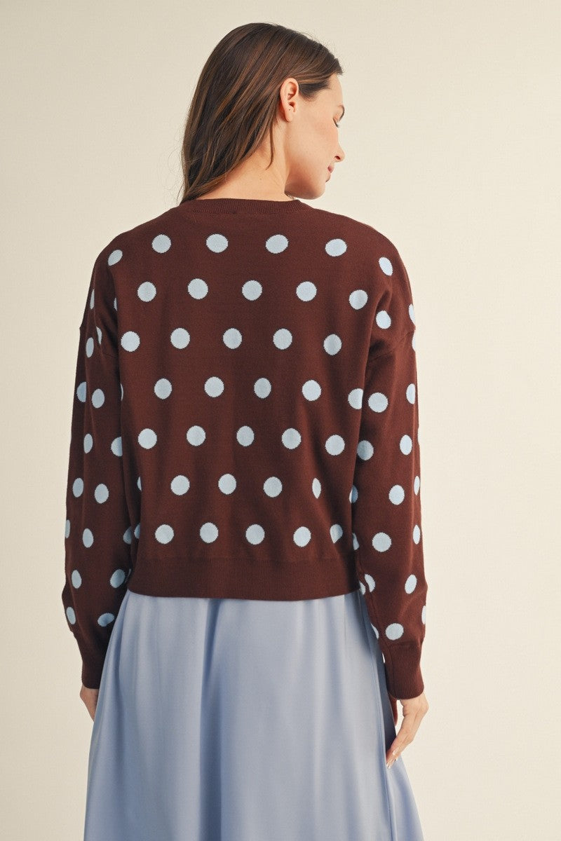 JODIFL Women's Sweaters Drop Shoulder Knot Detail Polka Dot Sweater Top