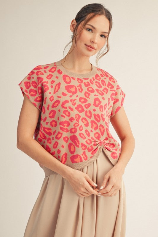 JODIFL Women's Sweaters Front Knot Accent Leopard Sweater Top