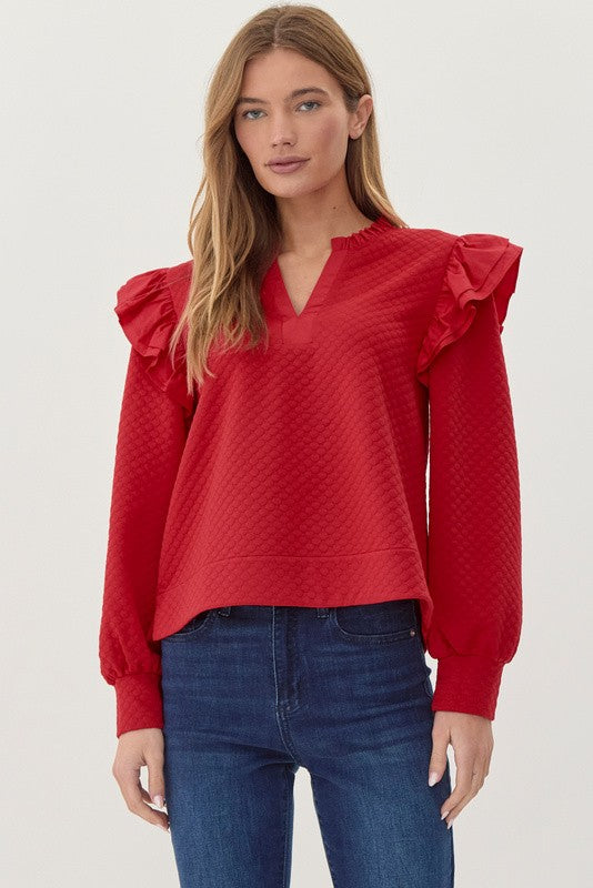 JODIFL Women's Sweaters RED / S Textured ruffly Shoulder Top || David's Clothing G12430