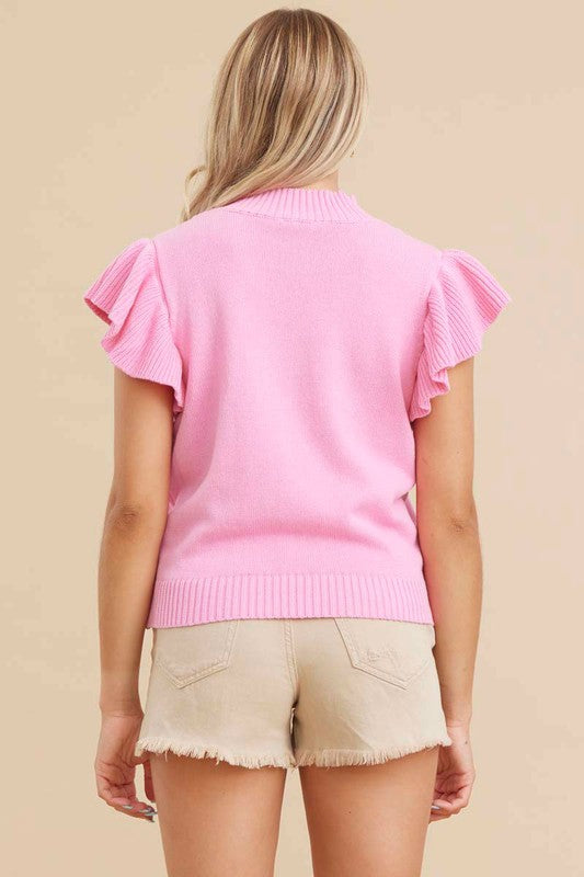 JODIFL Women's Sweaters BUBBLEGU / S Solid Knit Top with Ruffle || David's Clothing H2806