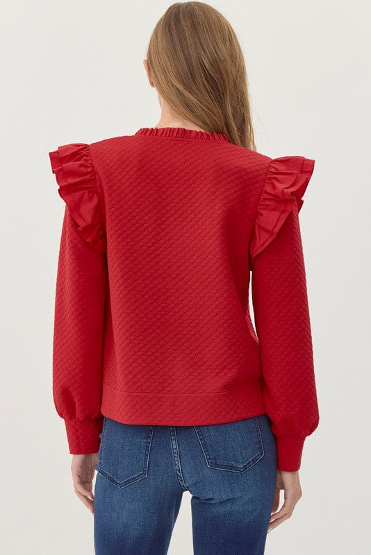 JODIFL Women's Sweaters RED / S Textured ruffly Shoulder Top || David's Clothing G12430