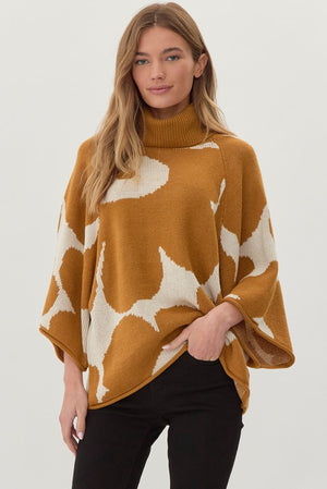 JODIFL Women's Sweaters TOFFEE / S Flower Knit 3/4 Dolman Sleeves Pullover || David's Clothing H10200-1