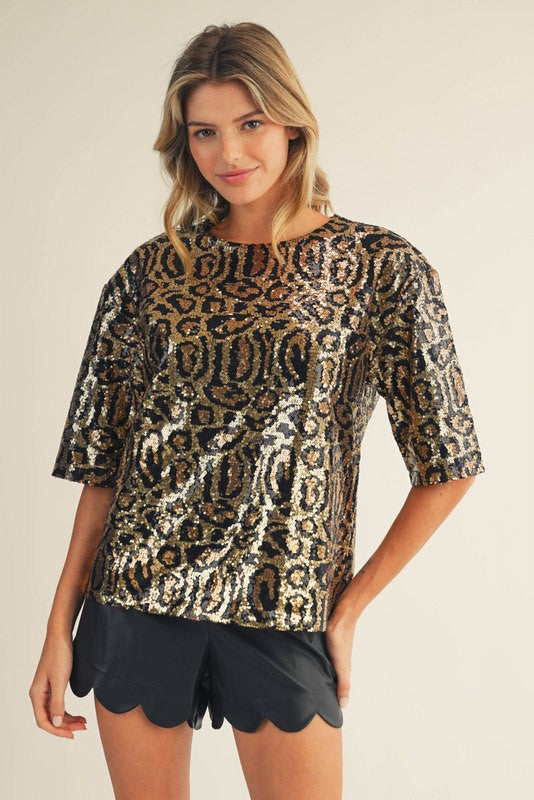 JODIFL Women's Top Animal Pattern Sequins Top