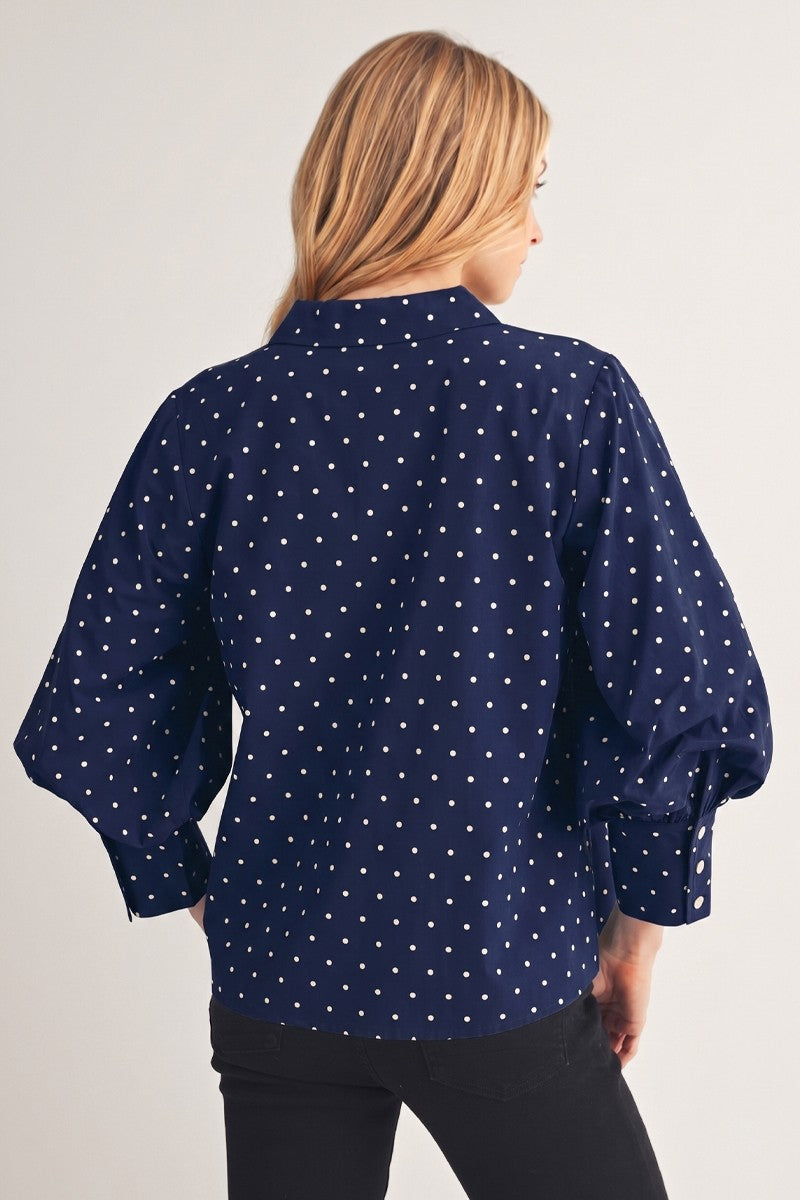 JODIFL Women's Top NAVY / S Bishop Sleeves Button Down Polka Dot Top G16096