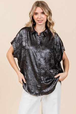 JODIFL Women's Top BLACK / S Metallic Collared Button Up Top || David's Clothing G8384-11A