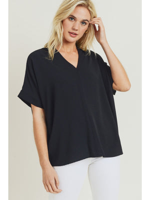 JODIFL Women's Top BLACK / S Solid V-Neck Boxy Top || David's Clothing C7854