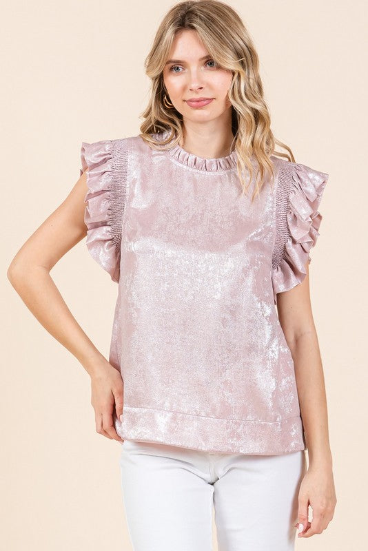 JODIFL Women's Top BLUSH / S Metallic Frilled Neck Top || David's Clothing G11395