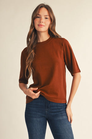 JODIFL Women's Top BROWN / S Round Neck Comfy Sweater Top G15956