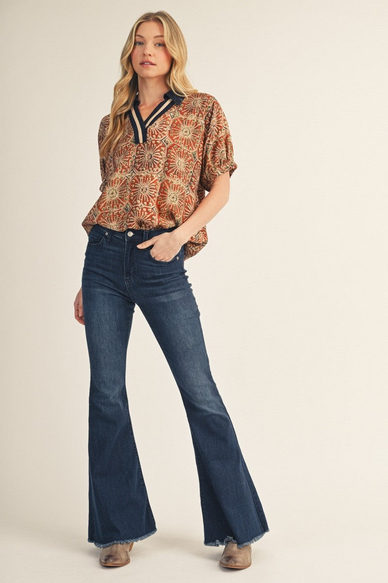 JODIFL Women's Top Contrast Accent Boho Print Top