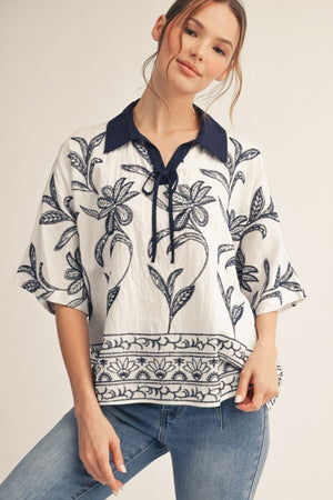 JODIFL Women's Top Drop Shoulder Embroidered Top