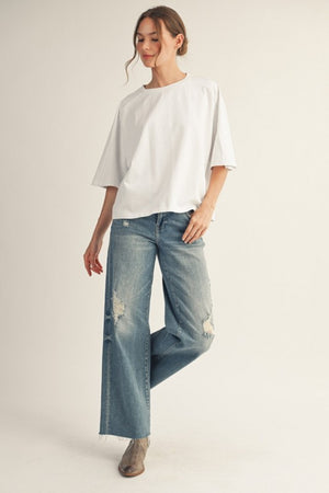 JODIFL Women's Top Drop Shoulder Mineral Washed Loose Fit Top