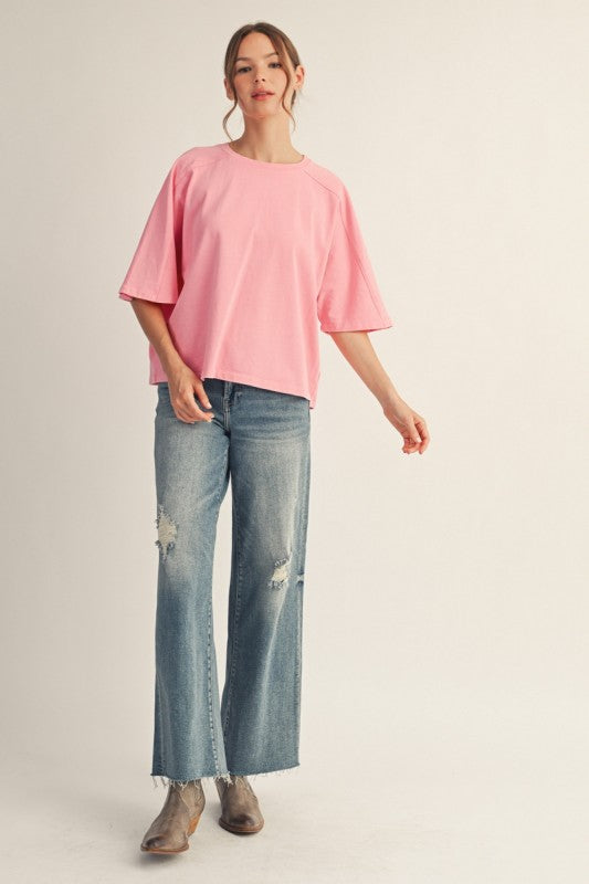 JODIFL Women's Top Drop Shoulder Mineral Washed Loose Fit Top