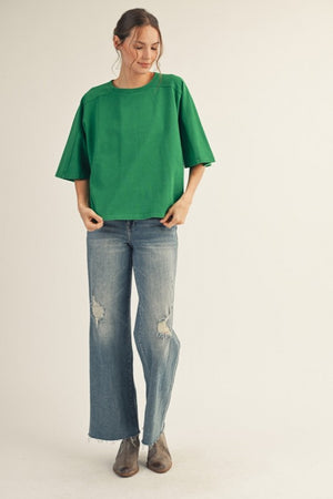 JODIFL Women's Top Drop Shoulder Mineral Washed Loose Fit Top