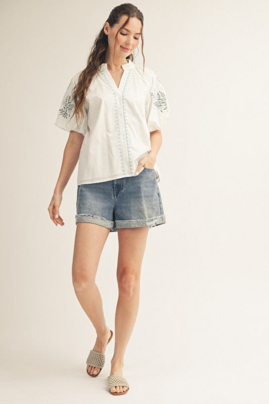 JODIFL Women's Top Embroidery Detail Woven Solid Top