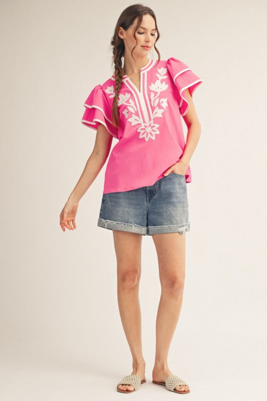 JODIFL Women's Top Flutter Sleeves Floral Applique Top