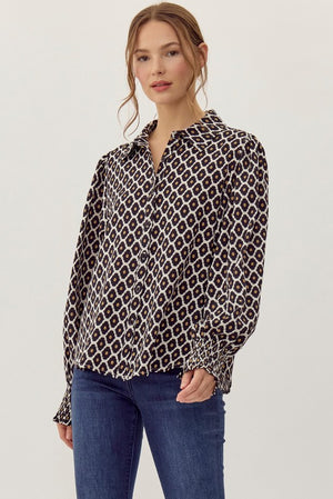 JODIFL Women's Top Geometric Print Button-up Top || David's Clothing