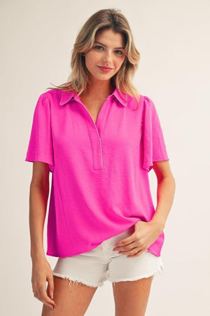 JODIFL Women's Top HOT PINK / S Embroidered Scallop Edge Accent Crinkle Top G15826