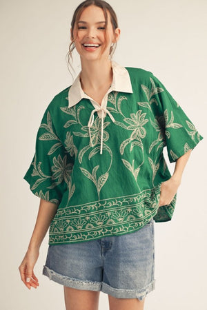 JODIFL Women's Top KELLY GR / S Drop Shoulder Embroidered Top J50740