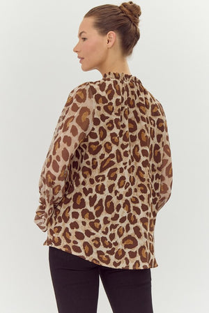 JODIFL Women's Top Leopard Print Chiffon Long Sleeves Top || David's Clothing