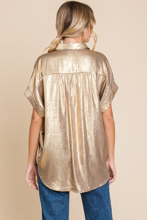 JODIFL Women's Top Metallic Collared Button Up Top || David's Clothing