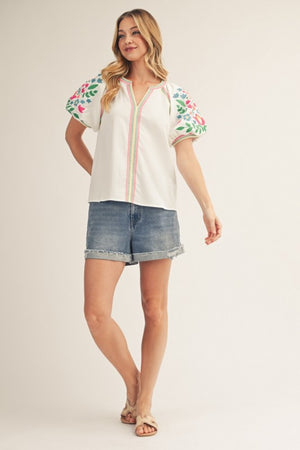 JODIFL Women's Top Notched V Neck Embroidered Top