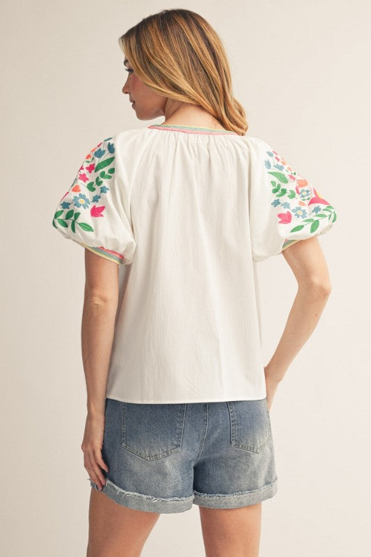 JODIFL Women's Top Notched V Neck Embroidered Top