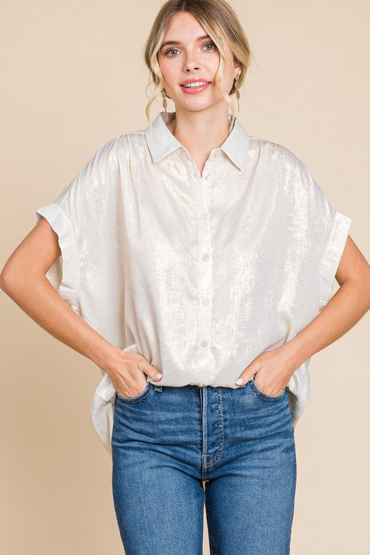 JODIFL Women's Top PEARL / S Metallic Collared Button Up Top || David's Clothing G8384-11A