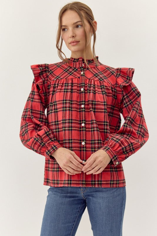 JODIFL Women's Top Plaid check Print Ruffly Top || David's Clothing