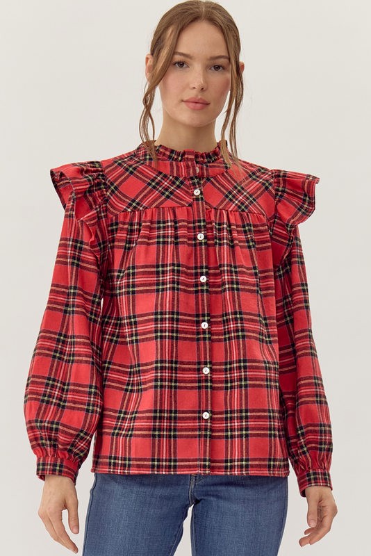 JODIFL Women's Top Plaid check Print Ruffly Top || David's Clothing