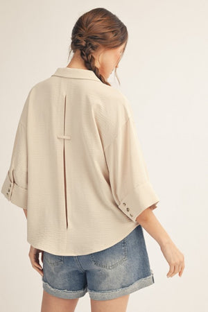 JODIFL Women's Top Pleat Back Detail Button Down Crinkle Top