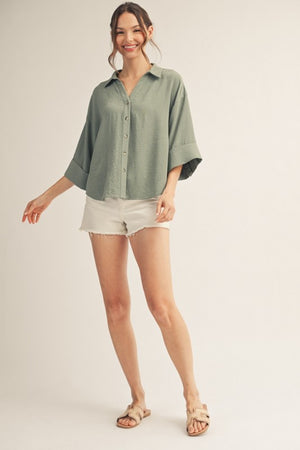 JODIFL Women's Top Pleat Back Detail Button Down Crinkle Top