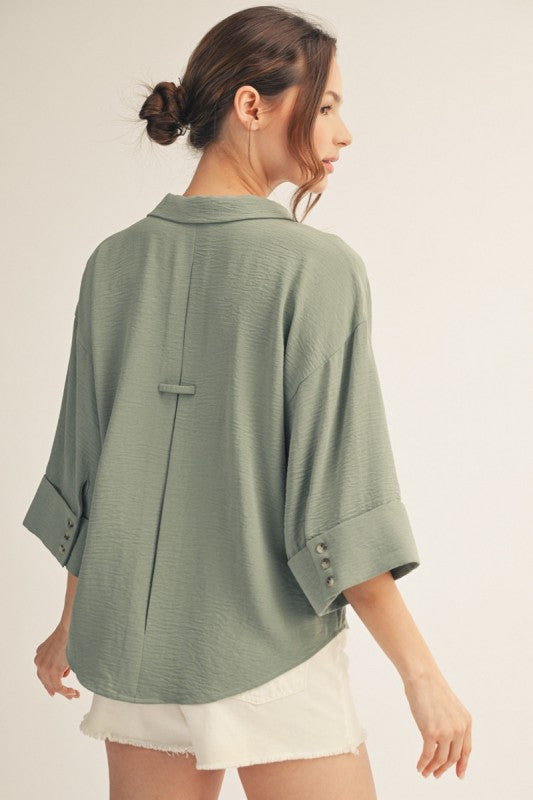 JODIFL Women's Top Pleat Back Detail Button Down Crinkle Top