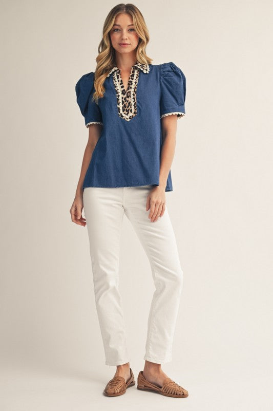 JODIFL Women's Top Puff Shoulder Lovely Denim Top