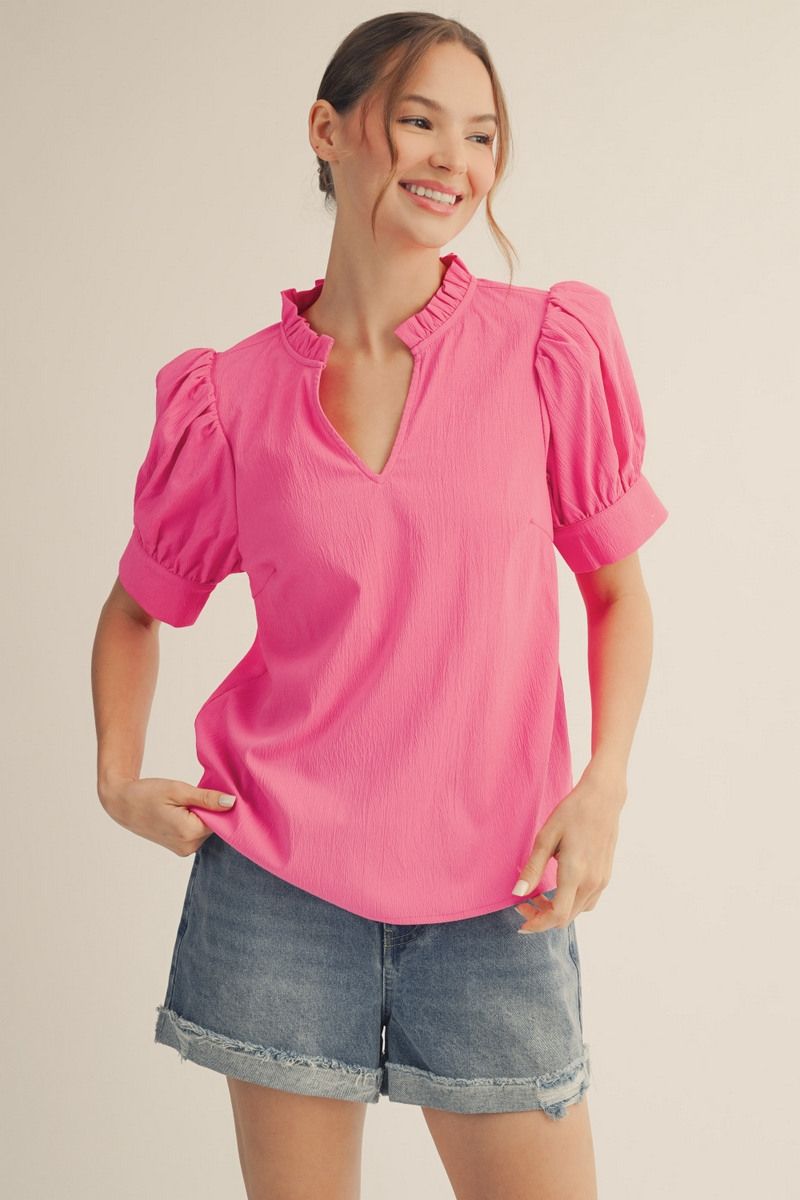 JODIFL Women's Top Puff Shoulder Ruffled Neckline Crinkle Solid Top