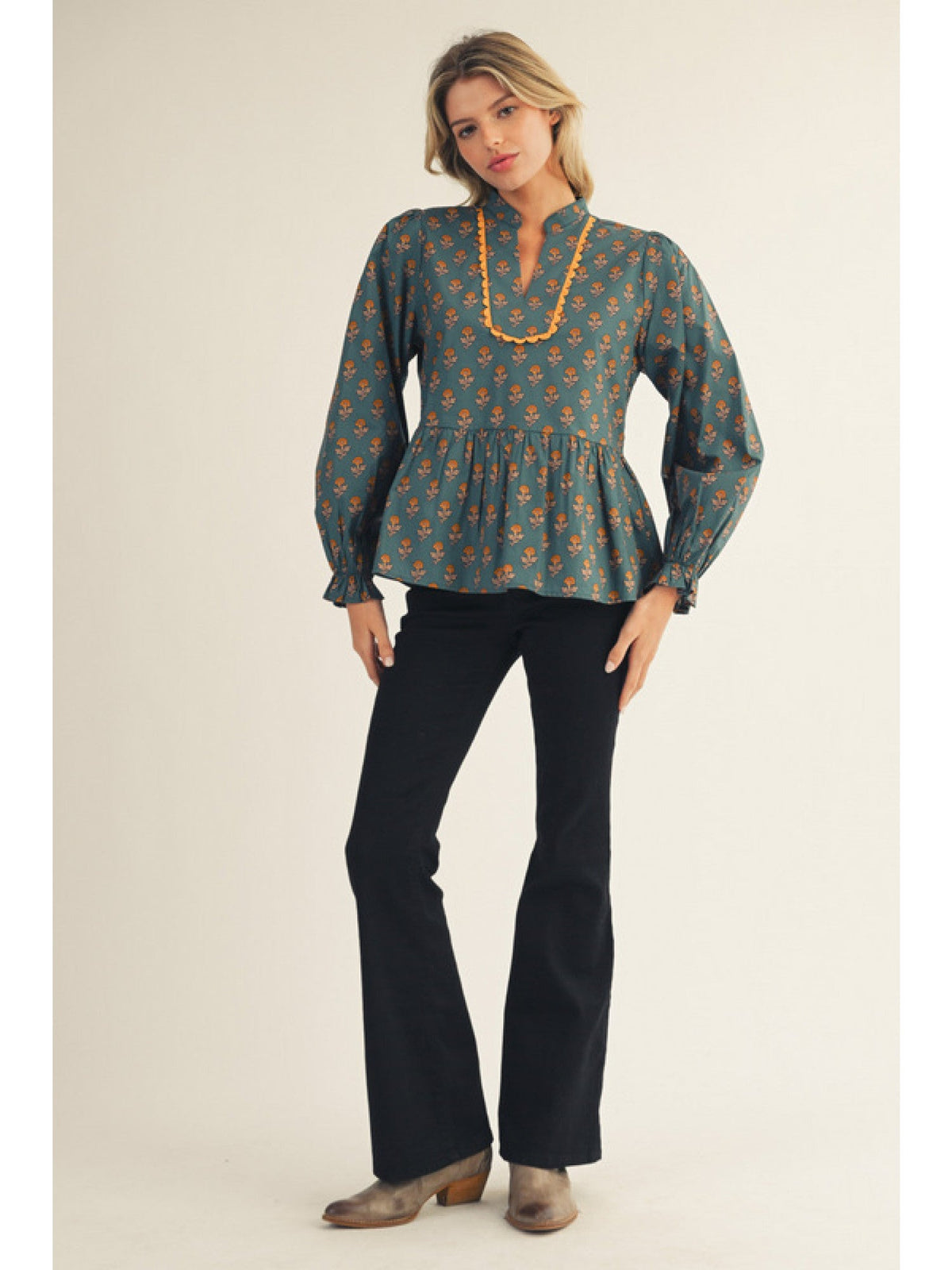 JODIFL Women's Top Ruffled Long Sleeves Floral Peplum Top || David's Clothing