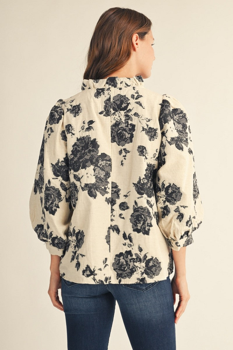 JODIFL Women's Top Ruffled Neck Floral Jacquard Blouse