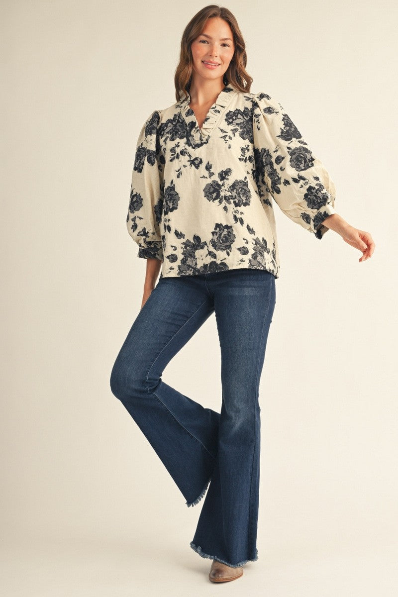 JODIFL Women's Top Ruffled Neck Floral Jacquard Blouse