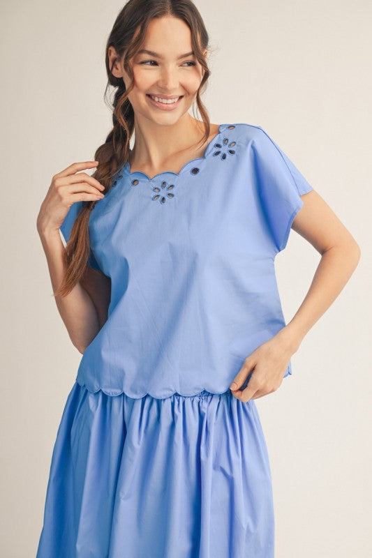 JODIFL Women's Top Scallop Edge Detail Eyelet Top