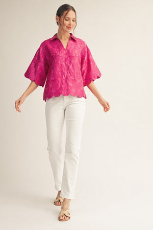 JODIFL Women's Top Scallop Edge Detail Floral Jacquard Top || David's Clothing