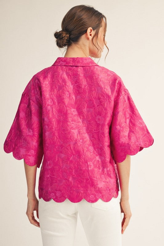 JODIFL Women's Top Scallop Edge Detail Floral Jacquard Top || David's Clothing