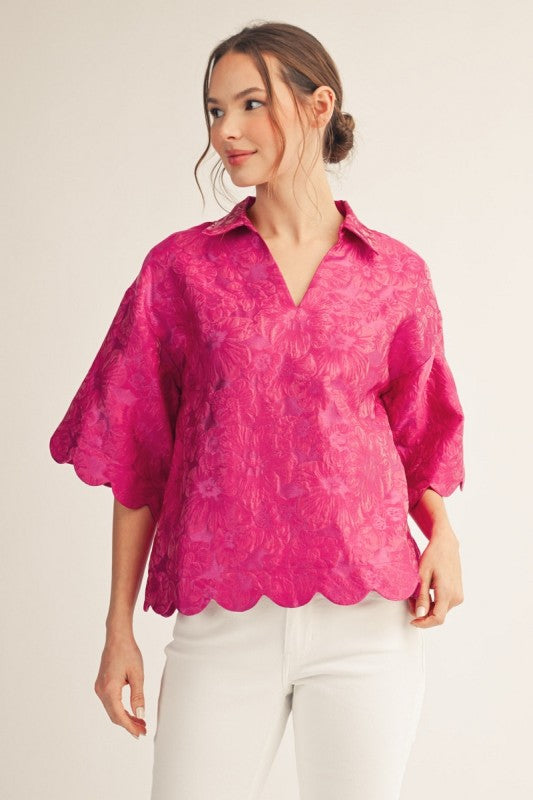 JODIFL Women's Top Scallop Edge Detail Floral Jacquard Top || David's Clothing