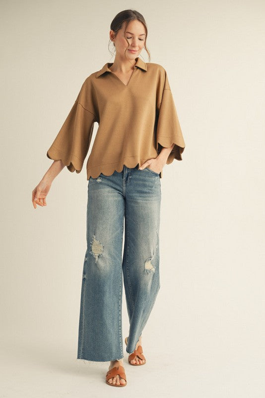 JODIFL Women's Top TAUPE / S Scallop Edge Detail Solid Top G14737