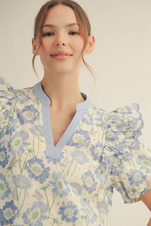 JODIFL Women's Top Short Puff Sleeves Floral Top