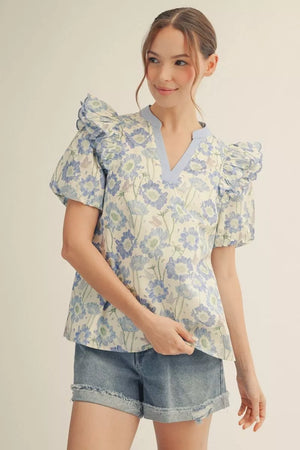 JODIFL Women's Top Short Puff Sleeves Floral Top