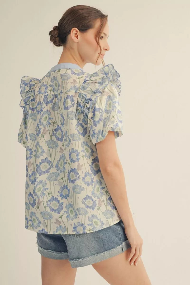 JODIFL Women's Top Short Puff Sleeves Floral Top