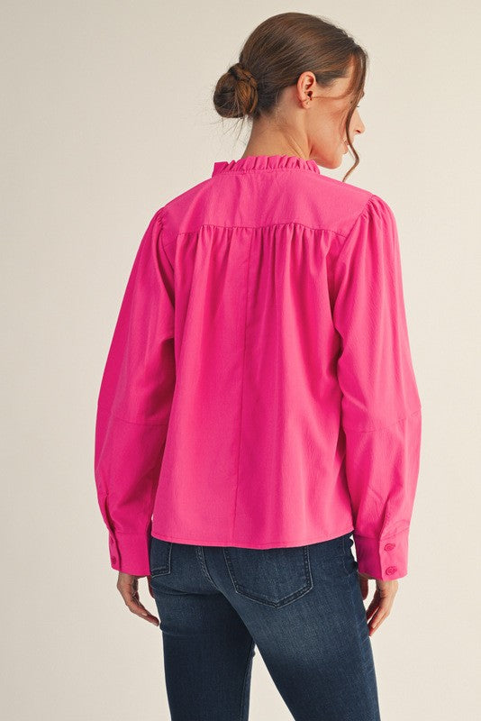 JODIFL Women's Top HOT PINK / S Sleeve Pleat Detail Crinkled Solid Top G14973