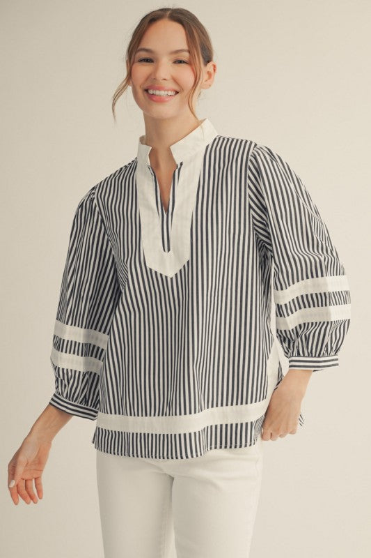 JODIFL Women's Top Solid Contrast Detail Stripe Top