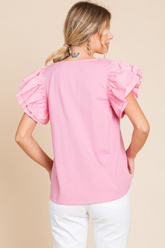 JODIFL Women's Top PINK / S Solid Ruffled Layer Shoulder Top || David's Clothing G11050